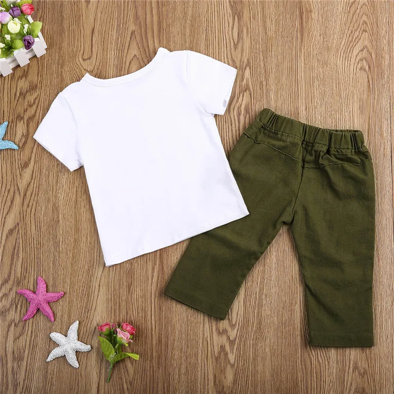 Newborn Baby Girls Fashion Clothes Sets Eyelashes Tops T-shirt Army Green Destroyed Pants Outfits | Детская одежда и обувь
