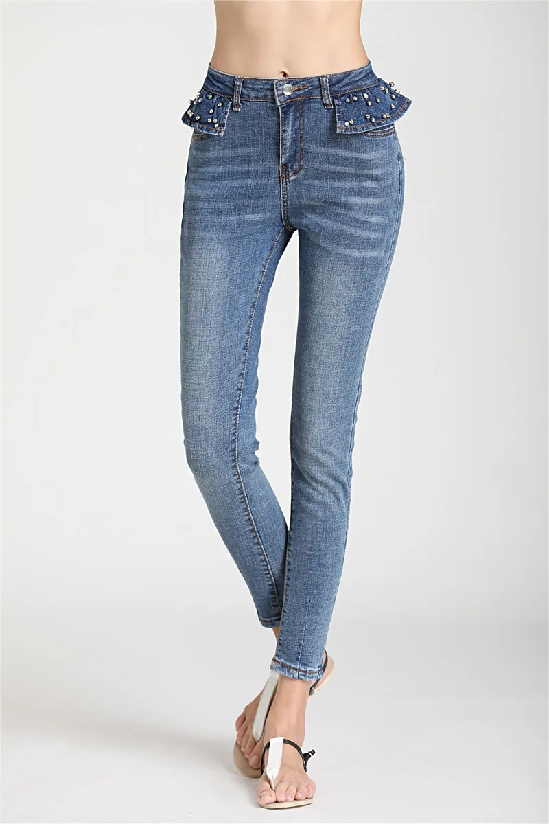 Женские джинсы облегающие с кружевом и бусинами эластичные джинсовые брюки