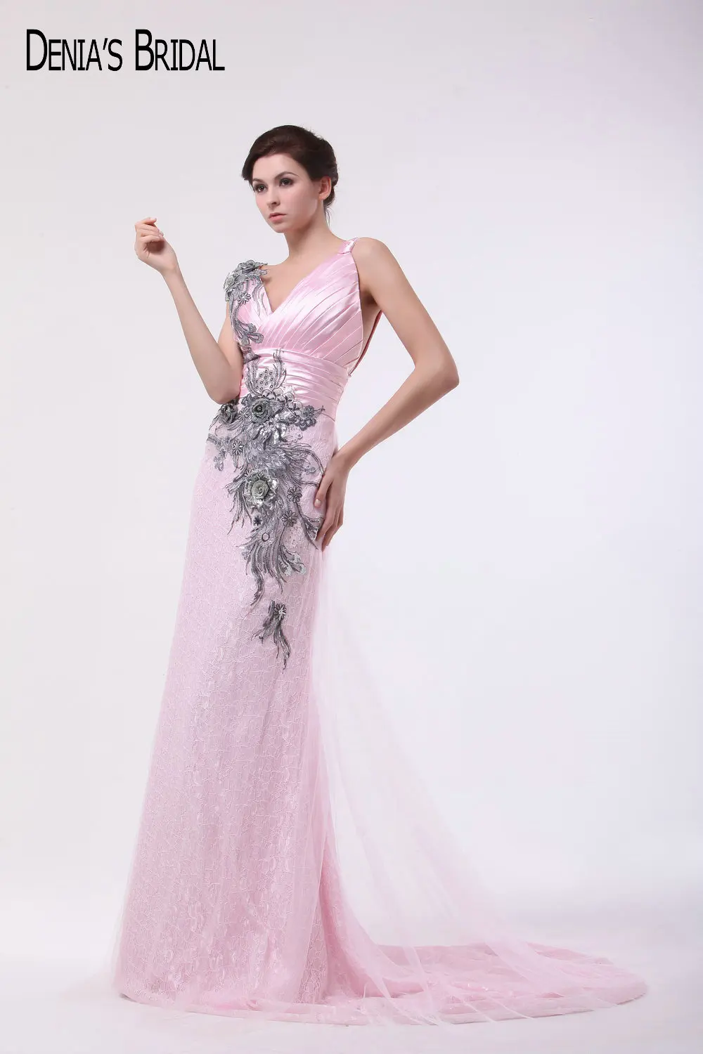 2017 Pink Mermaid Lace Evening Dresses V Neck Applique Backless Gowns Custom Made | Свадьбы и торжества