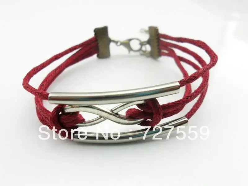 (Min Order $7) Charms Bangles Infinity Antique Silver Two Steel Pipes Red Girl Cotton Bracelet Cuff Gift Fashion Women Jewelry | Украшения