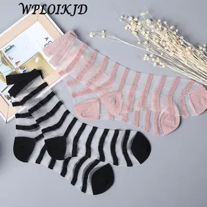 WPLOIKJD Креативные ультра-тонкий прозрачный в полоску с Блестками Блестящие носки Для женщин принцесс кружевные носки, Meias носки, Calcetines Mujer