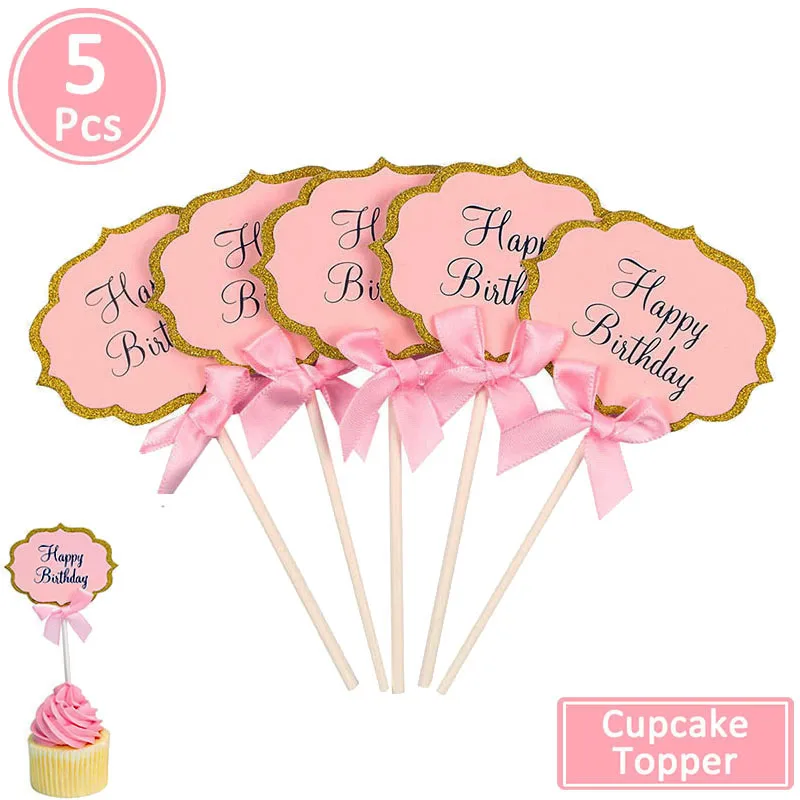 5pcs pink birthday 24 шт. для вечеринки в стиле сафари животное, кекс Топпер детей с днем рождения джунгли вечерние украшения для маленьких детей мальчик девочка Babyshower поставки - Цвет: 5pcs pink birthday