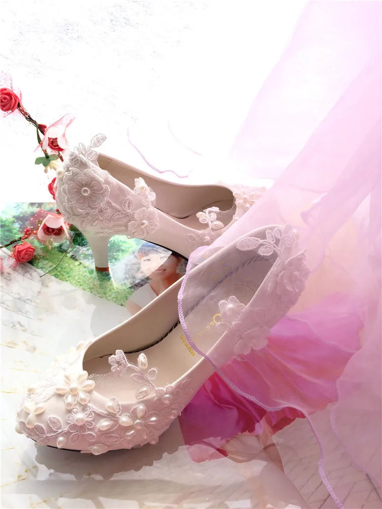 Кружевные жемчужные белые свадебные туфли женские модные больших размеров для