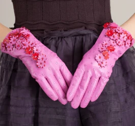 Pink Luvas De Inverno женские перчатки из натуральной кожи с цветком зимние Утепленные перчатки из овчины - Цвет: Pink