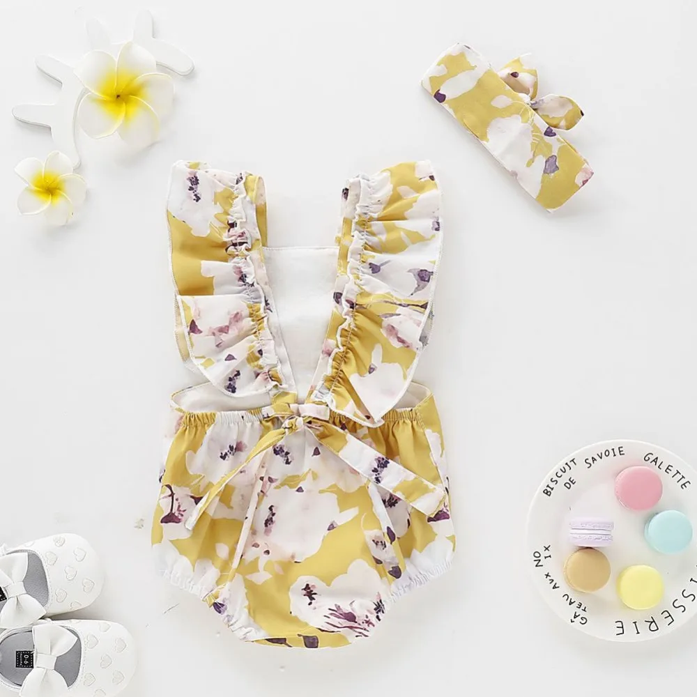 Летняя одежда для новорожденных девочек Детский комбинезон с повязкой на голову