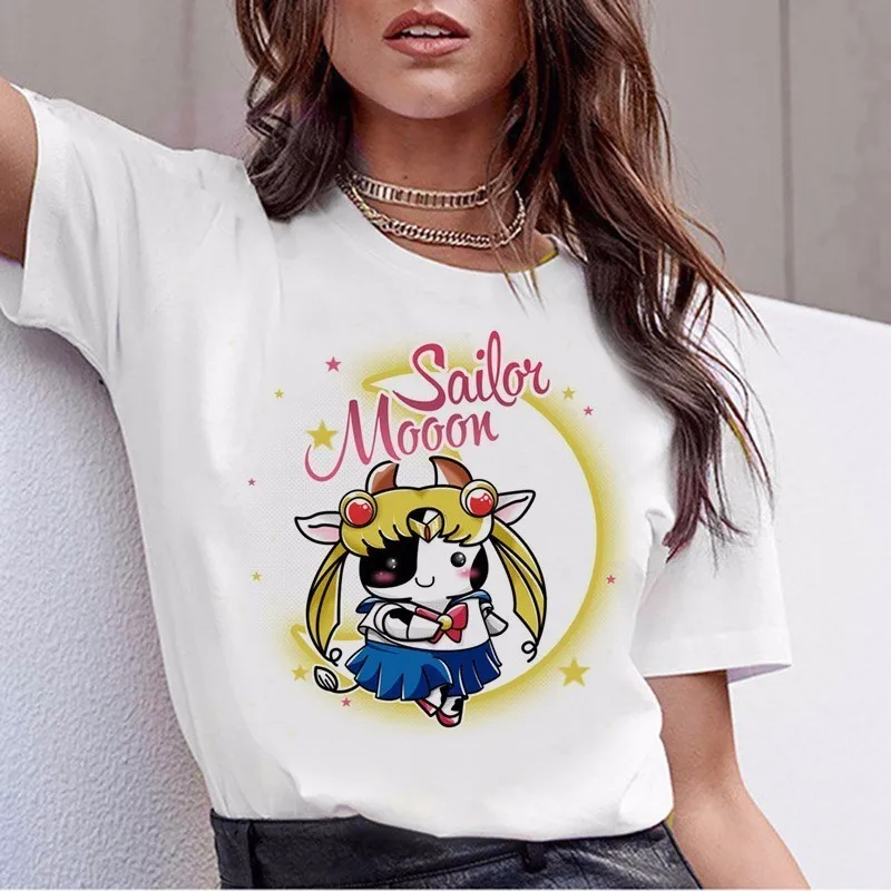 Матросская футболка с Луной женские kawaii Модные женские футболки в стиле Харадзюку футболка Эстетическая футболка Ulzzang Милая футболка с котом топ с рисунком