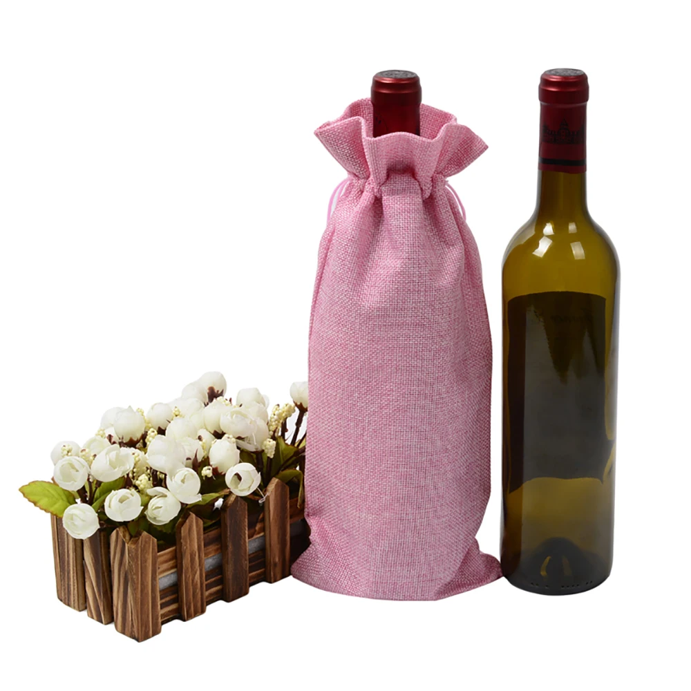 1 pc 15*35cm Rustic Jute Burlap Wine Drawstring Bags Wine Bottle Covers Reusable Bottle Wrap Gift Package Wine Bags