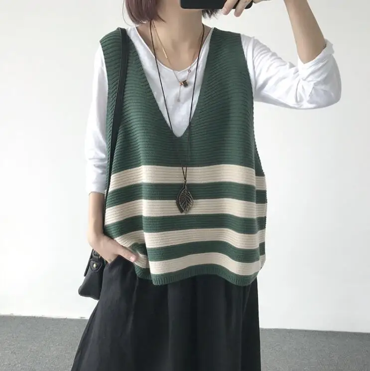 green striped YoYiKamomo, женский свитер, весна, новинка, свободный, размера плюс, Вязанный свитер, Модный пуловер, без рукавов, Повседневная блузка, топы - Цвет: green striped