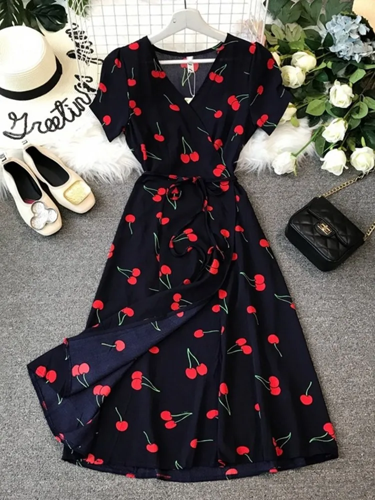 2019 модное летнее платье с вишневым принтом и глубоким v образным вырезом vestidos