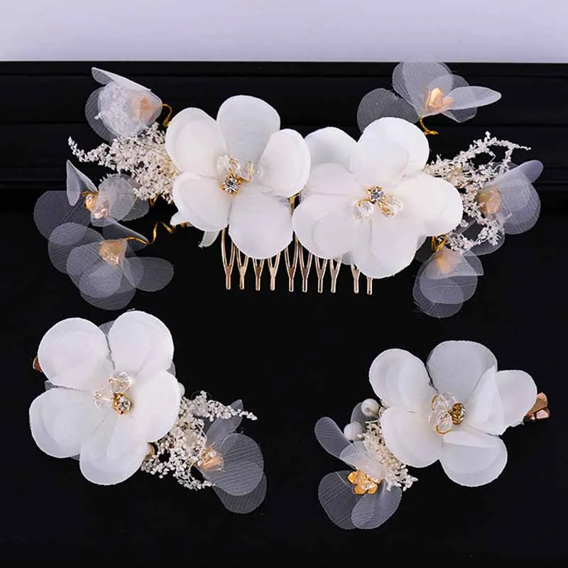 flower headdress 1 комплект, цветок слоновой кости, свадебная расческа для волос, заколка для волос, кристалл, золото, женское головное украшение для выпускного, для невесты, элегантные ювелирные аксессуары - Окраска металла: flower headdress