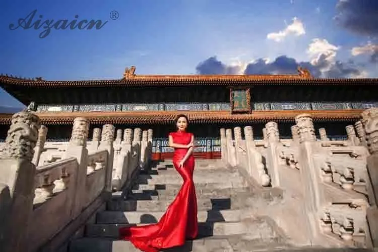 Сезон: весна–лето Красное атласное платье Cheongsam современные невесты Qi Pao Для женщин традиционное китайское свадебное платья платье Тонкий Русалка Qipao