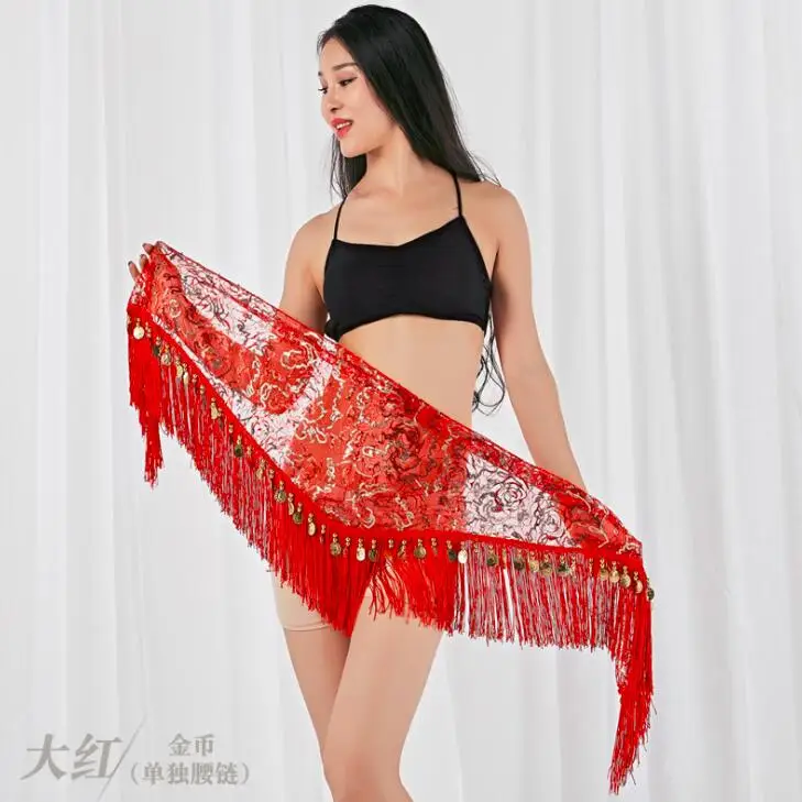 Red with gold Новое поступление, пояс с кисточками и блестками для танца живота, популярный женский шарф с вышивкой и блестками для восточных танцев, 9 цветов - Цвет: Red with gold
