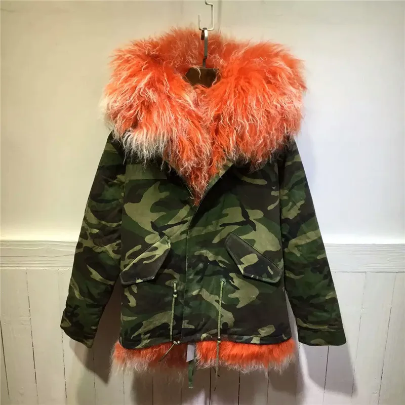 Thick warm winter women coats Mongolia Sheep Fur camouflage parka wool Mr Mrs orange with white lamb fur jacket | Женская одежда