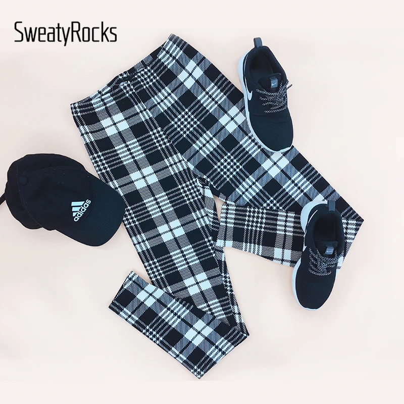 SweatyRocks фитнес Черно-Белые Клетчатые Леггинсы со средним обхватом талии леггинсы для тренировок осенние женские повседневные штаны и брюки