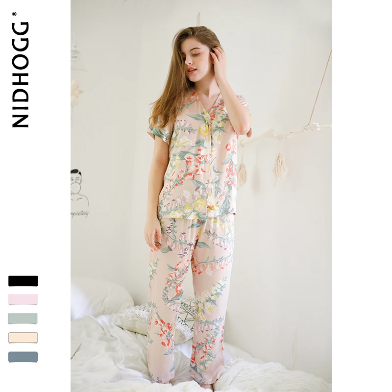 

Summer New Elegant Satin Pajamas Flower Printing Short-sleeved Trousers Women Sleepwear V-Neck Viscose Loungewear Home 2 Pj Set