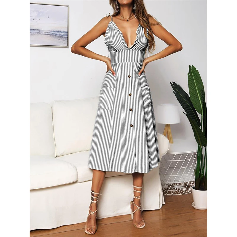 Полосатое платье 2019 летнее тонкое украшение с пуговицами глубокий v-образный