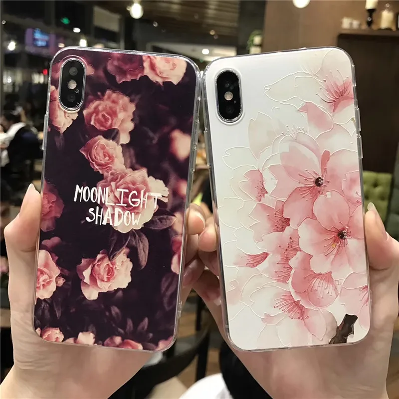 3D Flower Emboss Case For iPhone 7 6 6s 8 Plus for Patterned Soft Silicone TPU Back Cover x |