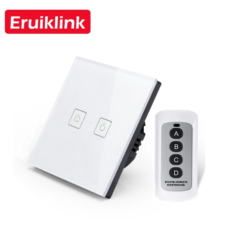 white 2gang with RC1 Eruiklink ЕС/Великобритания стандарт 1 2 3 банды RF433 пульт дистанционного управления настенный сенсорный выключатель, беспроводной пульт дистанционного управления светильник, переключатели умный дом - Цвет: white 2gang with RC1