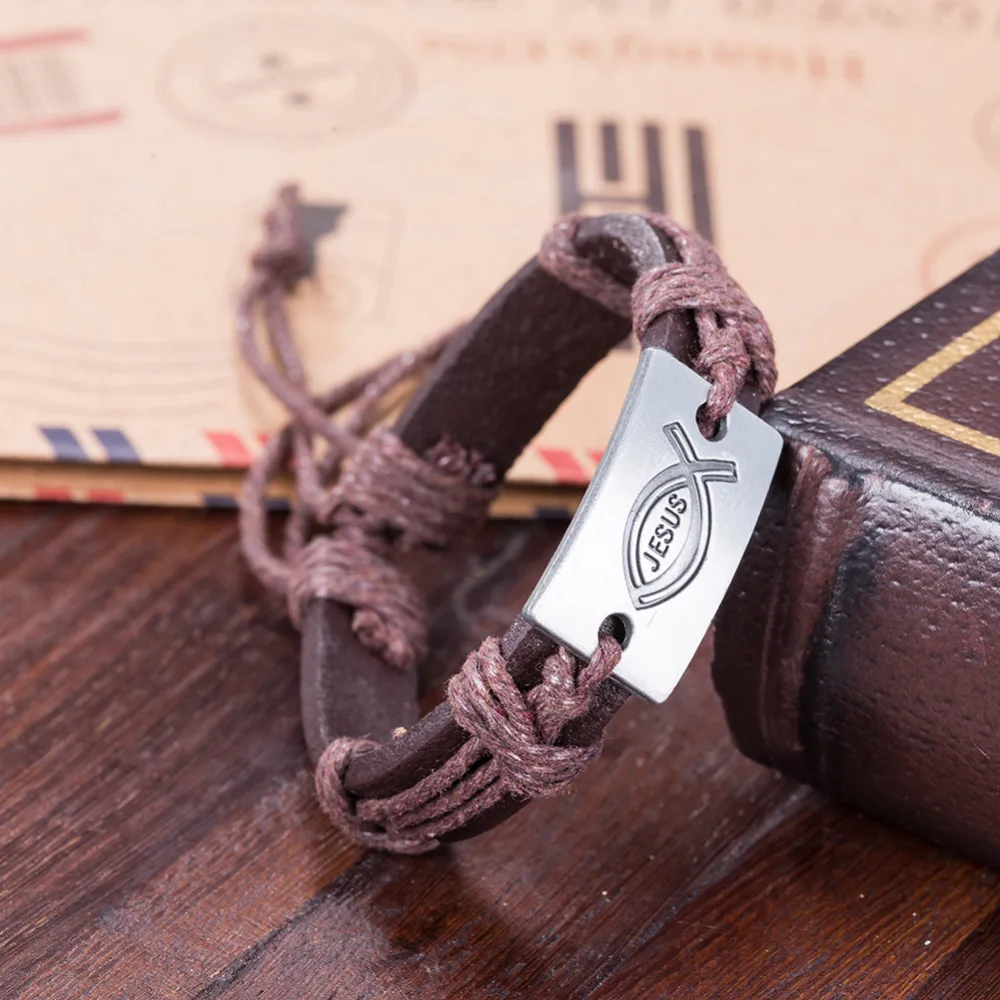 Вера Иисус Надписи Кожаный Браслет Мужская Коричневая Кожа Ткачество