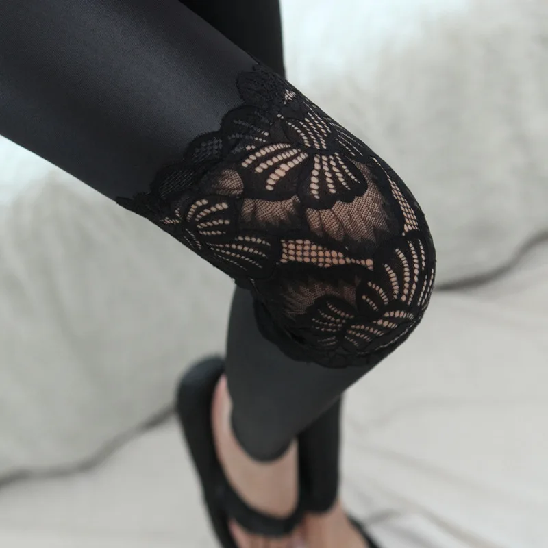 Женские сексуальные кожаные леггинсы с цветочным кружевом брендовые новые