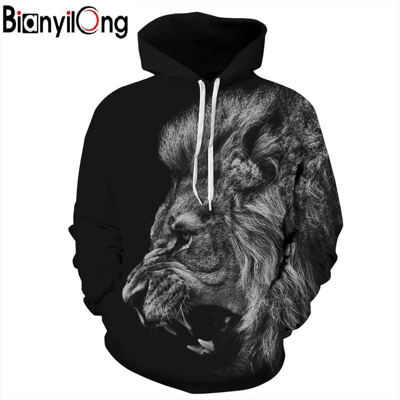 BIANYILONG Новая мода Для мужчин/Для женщин 3d толстовки печати свирепый лев черные тонкие осень-зима с капюшоном пуловеры, толстовки, топы