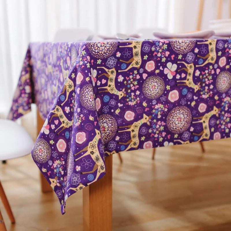 Colorful Fawn Purple Cotton and Linen Square Tablecloth Fabric Pastoral Small Fresh Coffee Bar Christmas Table | Дом и сад