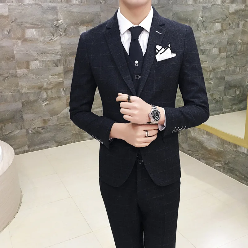 

(Jacket+Pant+vest) Solid Color Plaid Blazer Suits Slim Fit Business Formal Costume Casual Dress Wedding Prom Suits For Men