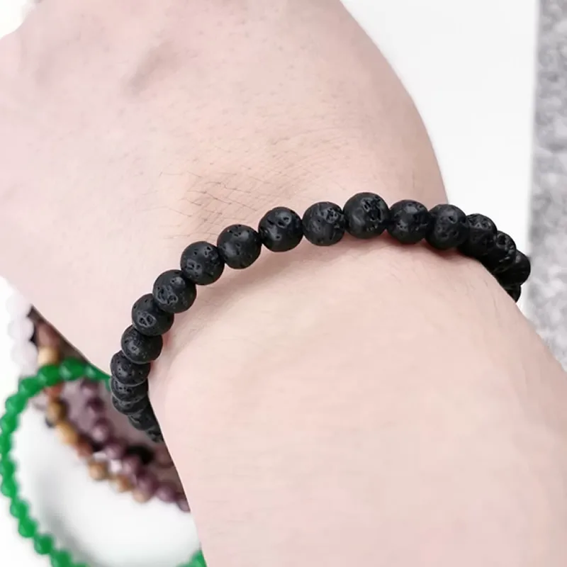 Black volcanic stone Минималистичный 6 мм натуральный браслет для женщин и мужчин тигровый глаз розовый кристалл вулканический каменный Агат из бисера Йога стрейч браслеты - Окраска металла: Black volcanic stone