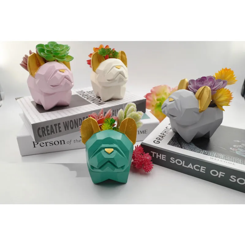 

Cute cartoon dog resin desktop small flower pot Abstract geometric bulldog decorative flower pot