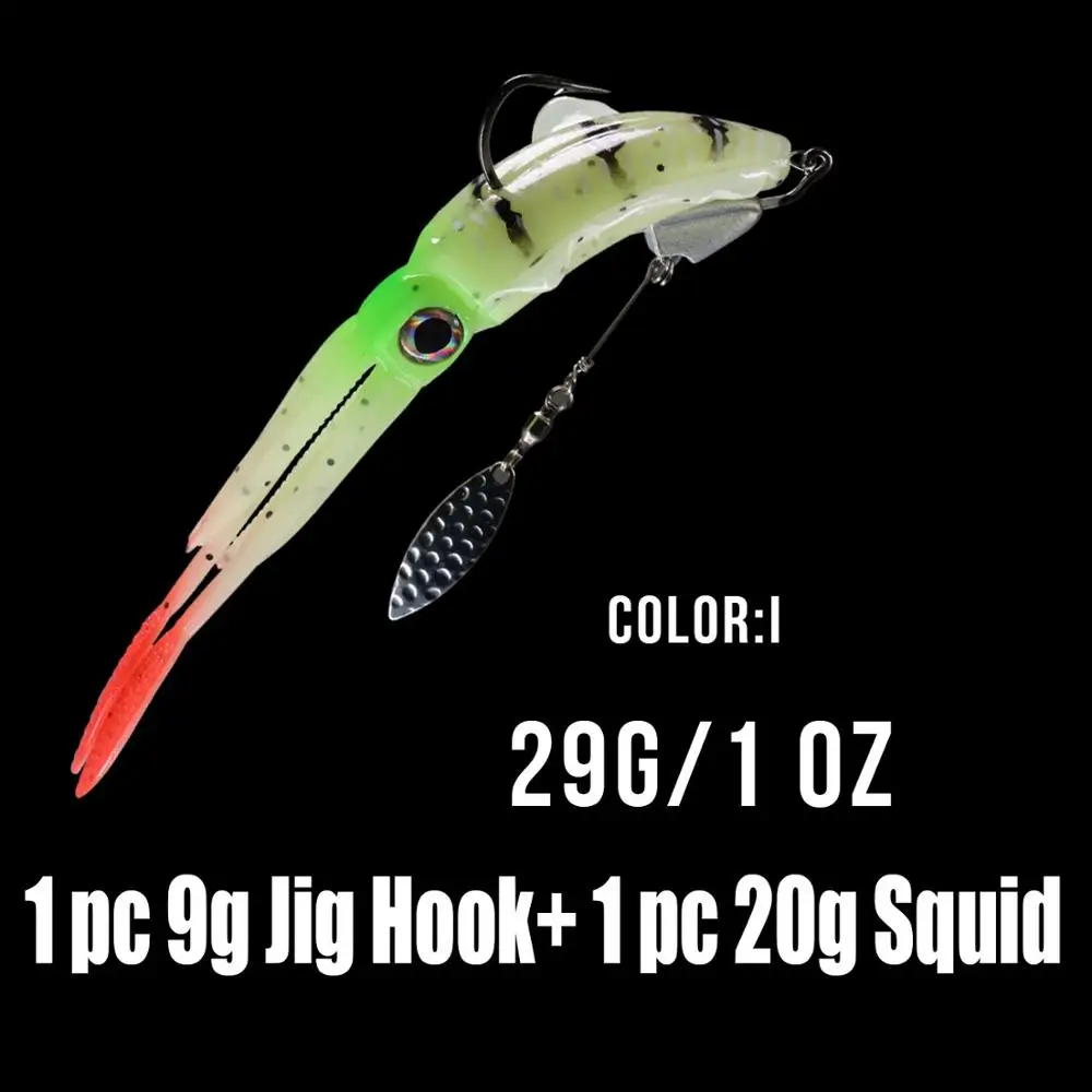 1pcs Color I Thkfish светящаяся Мягкая приманка для кальмаров, 20 г, 3D глаза, приманка для морской рыбалки, осьминог с лезвием 9 г, крючок для соленой воды - Color: 1pcs Color I