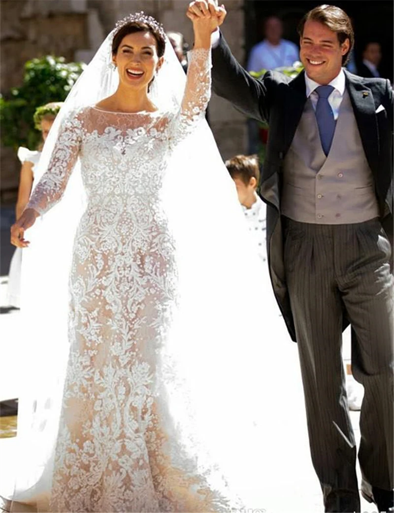 Русалка свадебные платья 2016 старинные кружева с длинным рукавом совок съемный