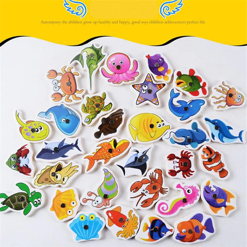 32 шт. детская деревянная Магнитная рыболовная игрушка морская биология картинка