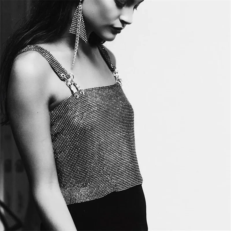 Sexy Women Adjustable Shiny Rhinestones Crop Top Backless Crystal Silver Black Party Tank Tops Metal Mesh Strap clothing