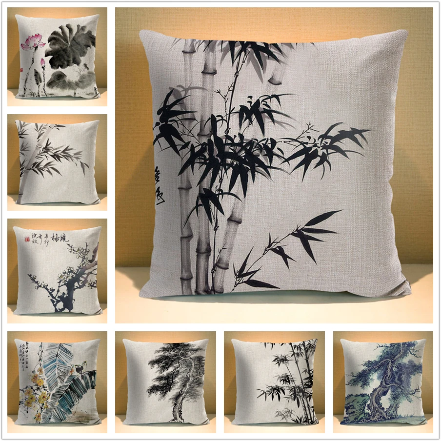 

Chinese Ink Plant Pillow case Flowers Linen Cotton 45*45 Square Decorative Cushion Cover for Sofa Home Printed Throw Pillowcase