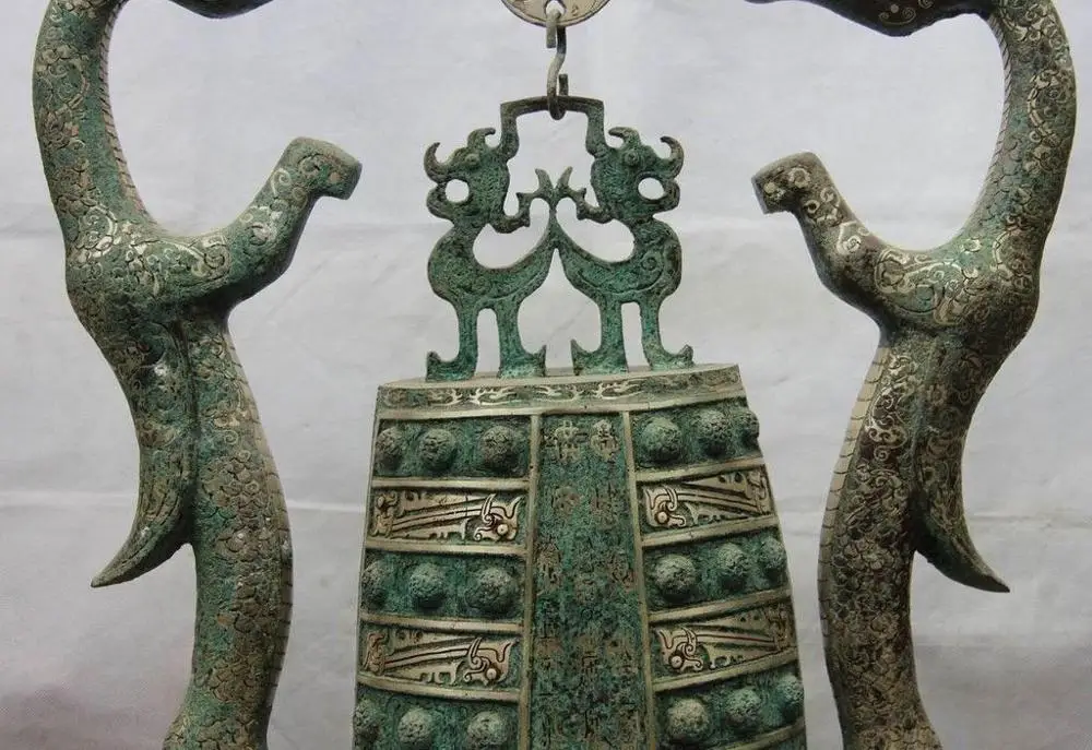 Goede China Royal Brons Verguld Zilveren Beest Lucky Dragon Muziekinstrument Standbeeld Bell
