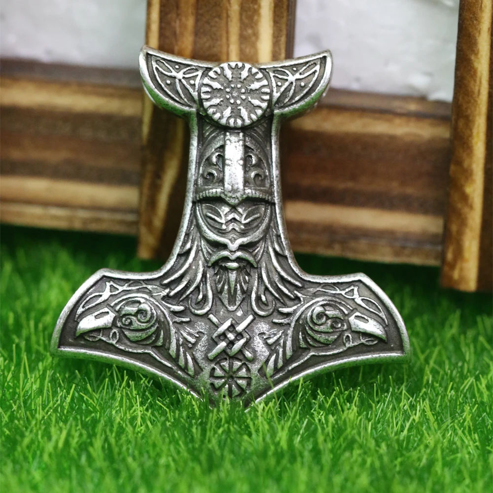 

LANGHONG Legendary Odin Amulet pendant Necklace Norse Viking Odin's Hammer with Raven and Vegvisir Pendant Necklace Jewelry