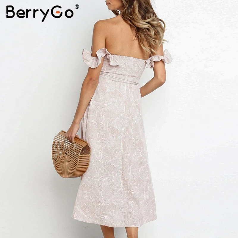 BerryGo, женские платья, платье миди, богемное, с принтом, на пуговицах, элегантные, с оборками, с открытыми плечами, платья, летнее платье, с бантом, vestidos