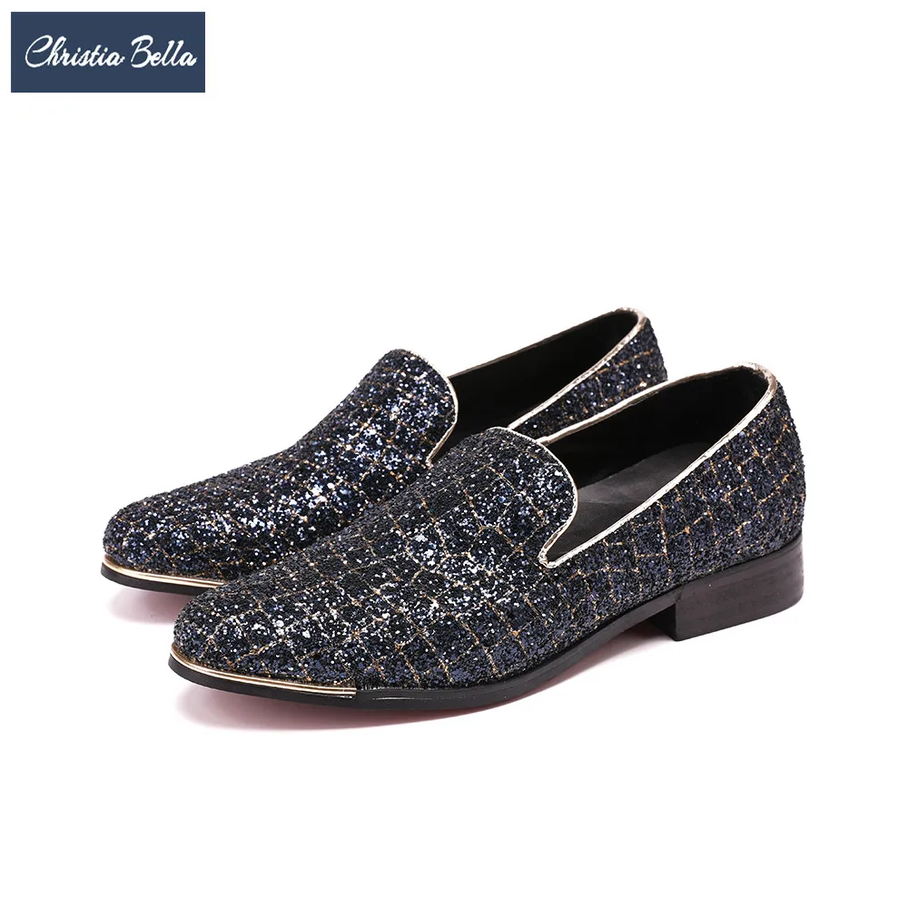

Christia Bella Luxury Evening Party Glitter Men Dress Shoes Plaid Sequin Men Loafers Casual Leather Shoes Slip-on Male Flats