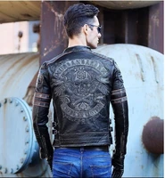 free shipping brand thick skull cowhide coat black slim genuine leather clothesmens popular biker leather jacket plus size