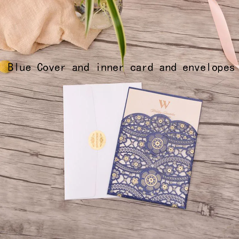 One Set Blue 50 шт. лазерная резка, для свадьбы Пригласительные карты кружева полые Флора элегантные Пригласительные открытки на заказ для свадьбы украшения для вечеринки - Цвет: One Set Blue