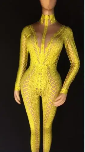 yellow jumpsuit Желтый, черный или белый комбинезон со стразами, стрейч, цельный, певец танцор ночного клуба, Женская праздничная одежда, сексуальное боди - Цвет: yellow jumpsuit