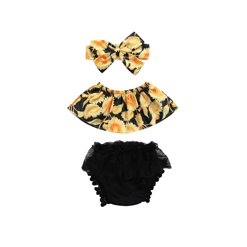 3PCS Cute Lovely 0-24M Newborn Toddler Baby Girls Sleeveless Off Shoulder Floral Print Shirt Tops Black Tassel Shorts Headband | Детская