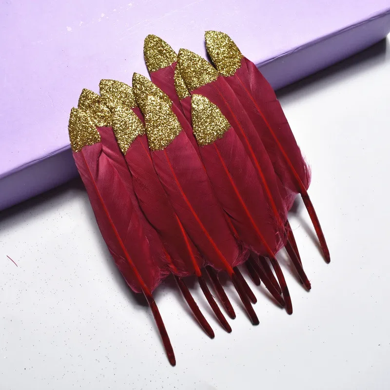 Wine Red (Gold) 20 шт/партия Окрашенные золотые пудры окунутые гусиные перья для поделок 10-15 см/4-6 дюймов перо фазана для изготовления ювелирных изделий - Цвет: Wine Red (Gold)