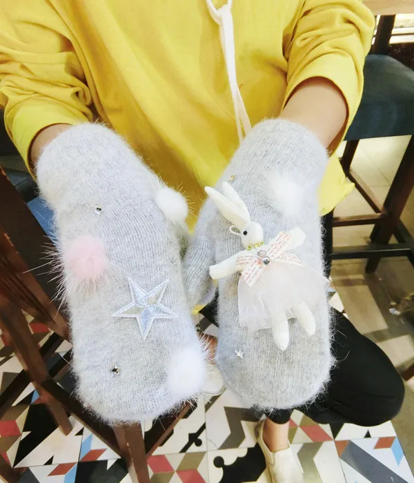 Зимние женские перчатки 2016 теплые варежки с милым кроликом для женщин милые