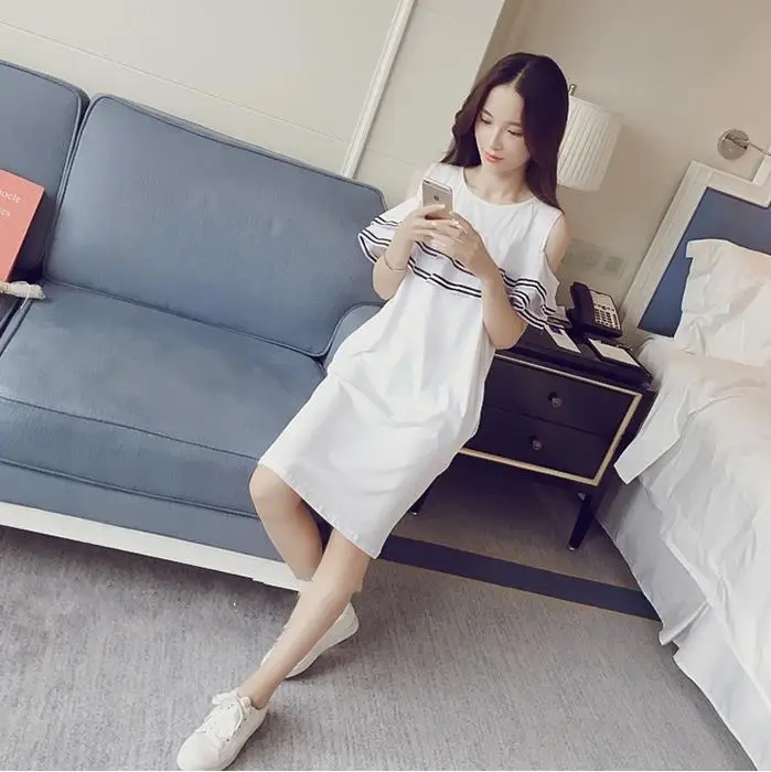Summer dress Flap-sided striped a-style off-the-shoulder Sweet girlish Loose | Женская одежда