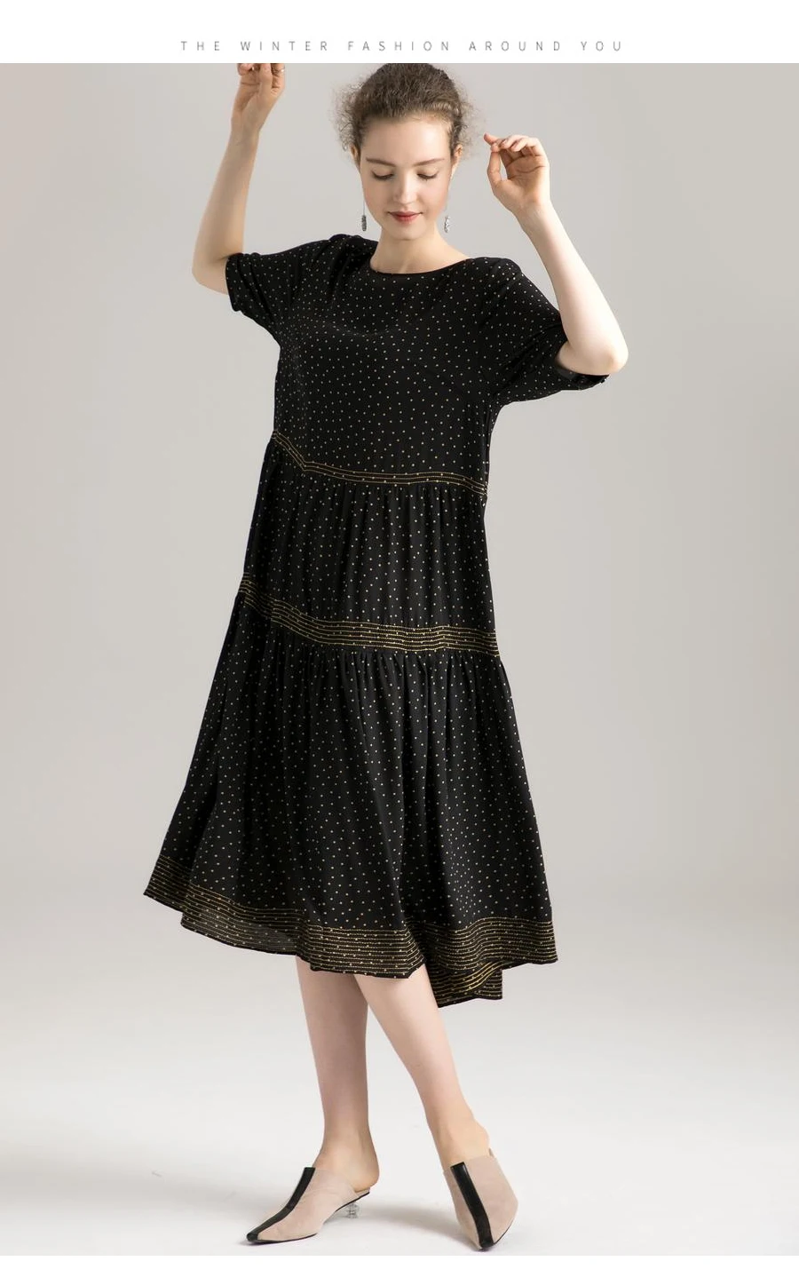 Women A-Line Dress 100%Real Silk Dots Printed O neck Long Dresses Calf Length Loose Dress New Summer Dress