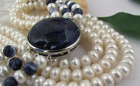 RHJ0041 NICE 3strands 7-8mm white FW pearl lapis lazuli necklace AAA | Украшения и аксессуары