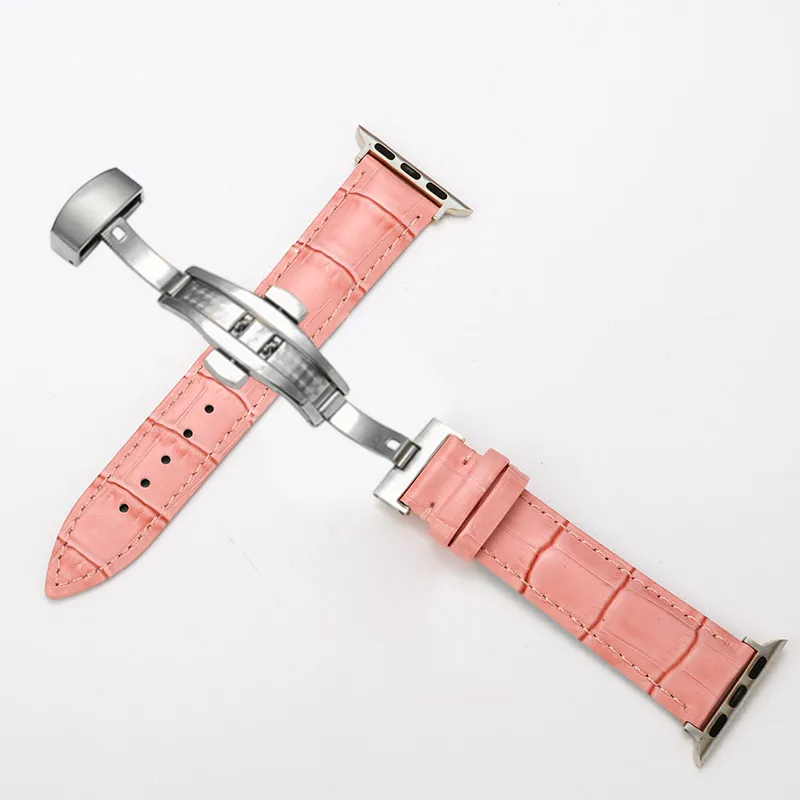 pink--silver Ремешок для Apple Watch кожаный ремешок для iwatch Бабочка Пряжка браслет для Apple Watch 4 44 мм 38 мм 42 мм 40 мм ремешки - Цвет ремешка: pink--silver