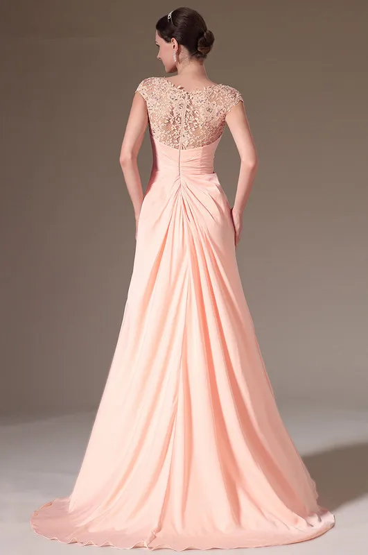 Blush Evening Dresses A-line Cap Sleeves Chiffon Lace Beaded Long Formal Party Gown Prom Robe De Soiree | Свадьбы и торжества