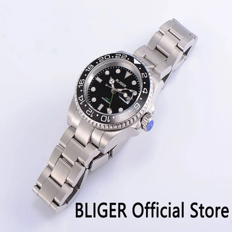 BLIGER 40 мм GMT Функция сапфир Стекло Для мужчин часы черный циферблат Керамика